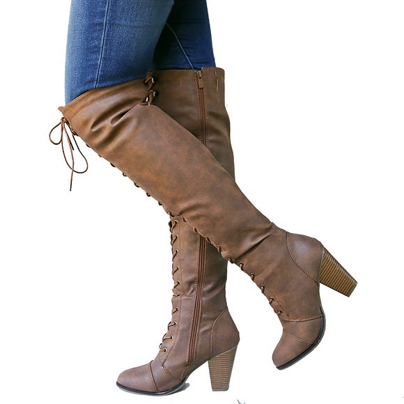 New Tan Over the Knee Combat Lace Up Heel Boots - Picture 4 of 6